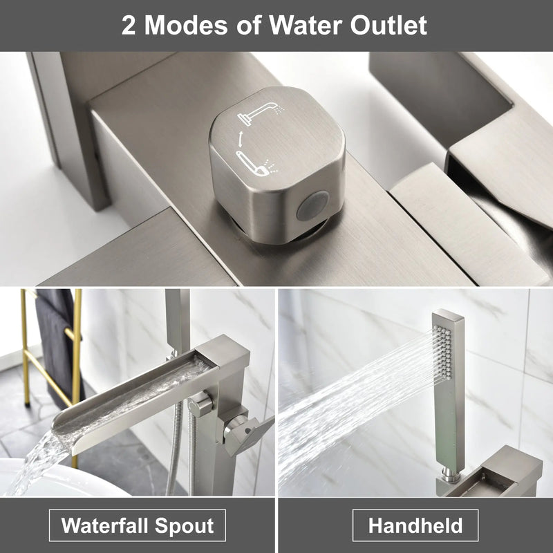 Freestanding Bathtub Faucet Single Handle Waterfall Tub Filler with Handheld Shower Brushed Gold shamanda-waterfall-tub-filler-brushed-gold 