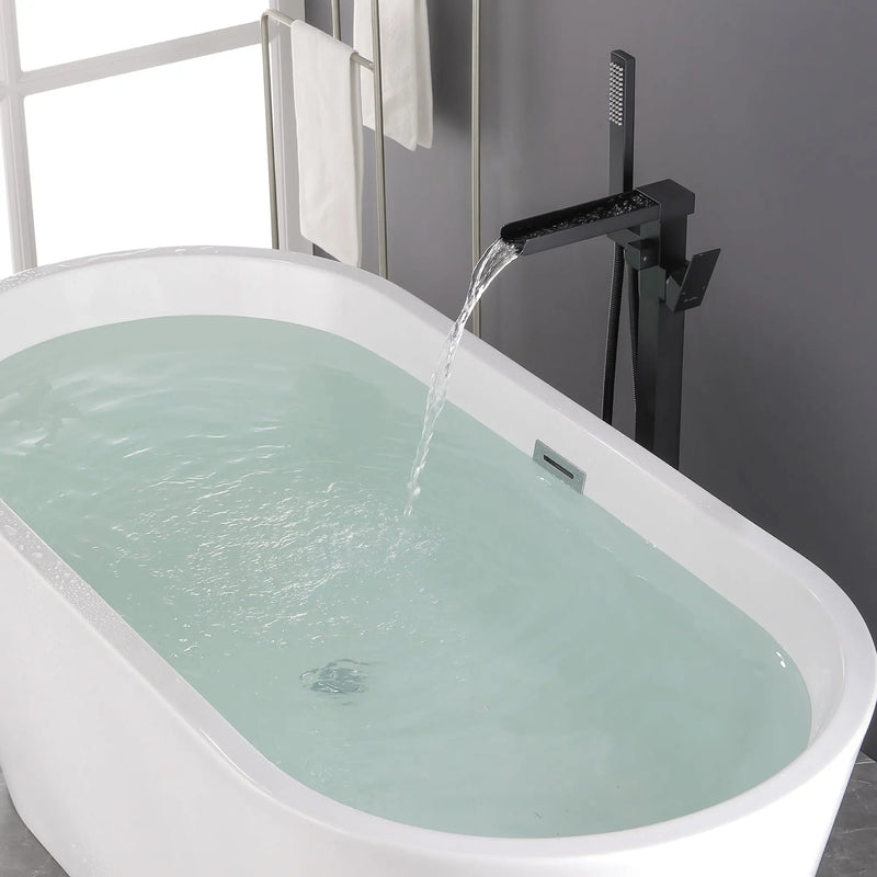 Freestanding Bathtub Faucet Single Handle Waterfall Tub Filler with Handheld Shower Brushed Gold shamanda-waterfall-tub-filler-brushed-gold 