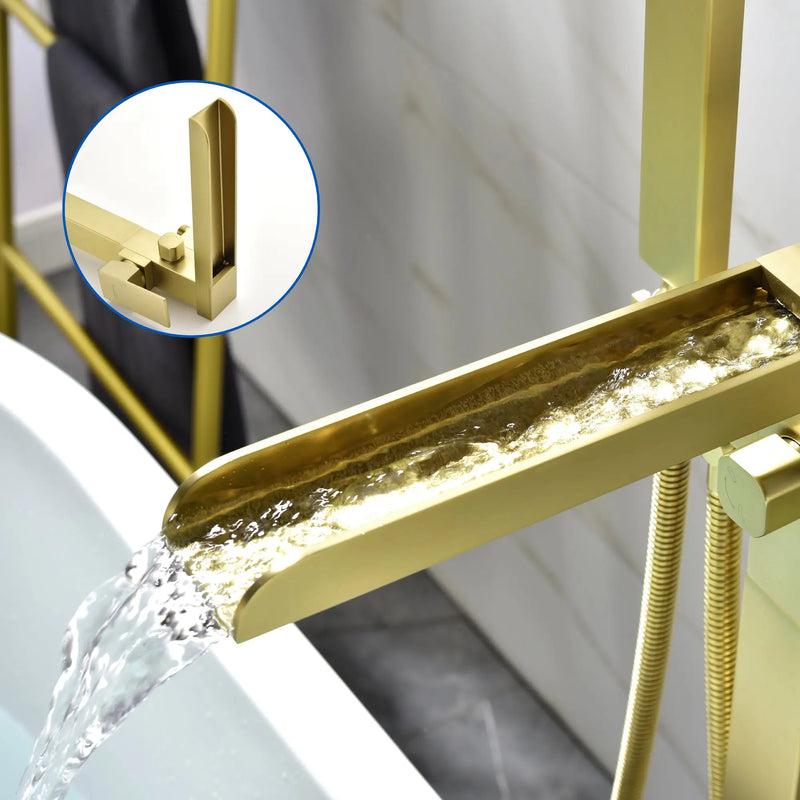 Freestanding Bathtub Faucet Single Handle Waterfall Tub Filler with Handheld Shower Brushed Gold shamanda-waterfall-tub-filler-brushed-gold 