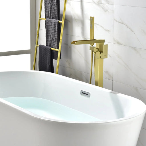 Freestanding Bathtub Faucet Single Handle Waterfall Tub Filler with Handheld Shower Brushed Gold shamanda-waterfall-tub-filler-brushed-gold 