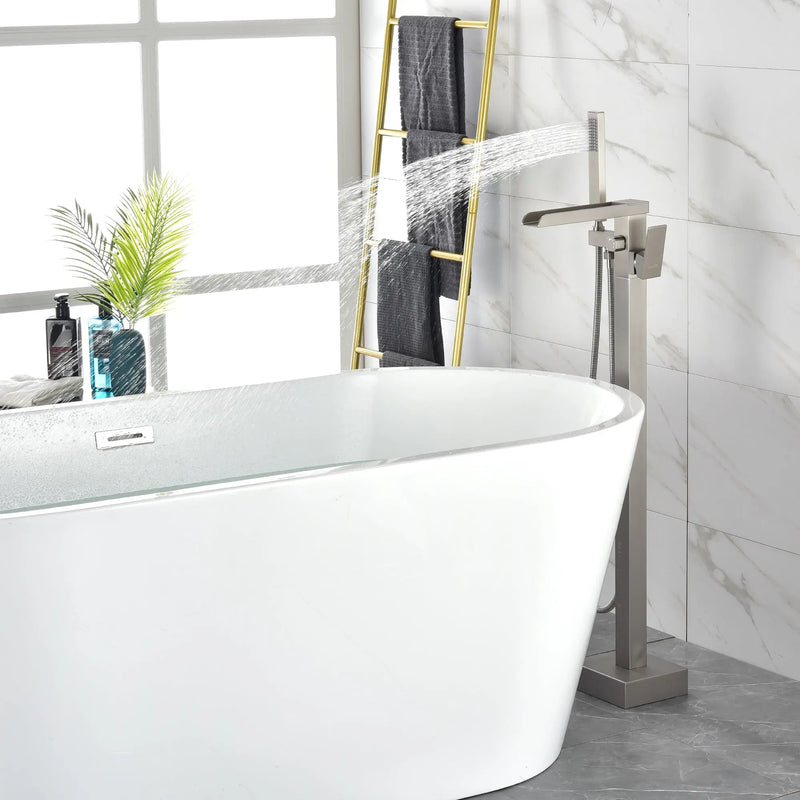 Freestanding Bathtub Faucet Single Handle Waterfall Tub Filler with Handheld Shower Brushed Gold shamanda-waterfall-tub-filler-brushed-gold 