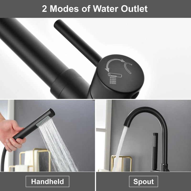 Freestanding Bathtub Faucet with Hand Shower Floor Mount Bath Tub Filler Faucet in Matte Black, Brushed Nickel, Brushed Gold shamanda-freestanding-tub-filler-18006bg 