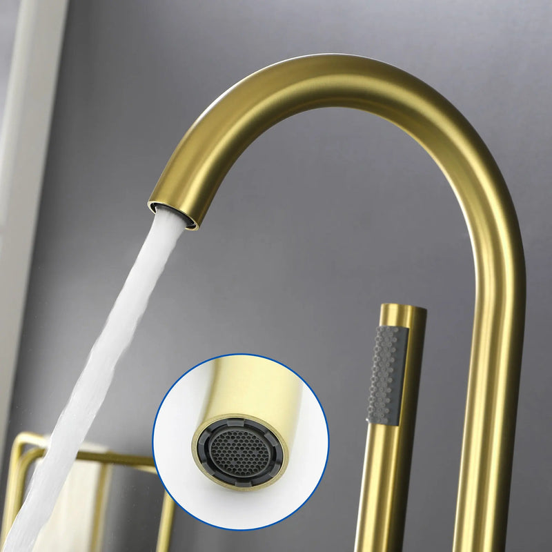 Freestanding Bathtub Faucet with Hand Shower Floor Mount Bath Tub Filler Faucet in Matte Black, Brushed Nickel, Brushed Gold shamanda-freestanding-tub-filler-18006bg 