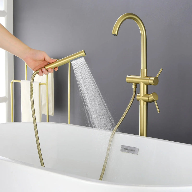 Freestanding Bathtub Faucet with Hand Shower Floor Mount Bath Tub Filler Faucet in Matte Black, Brushed Nickel, Brushed Gold shamanda-freestanding-tub-filler-18006bg 