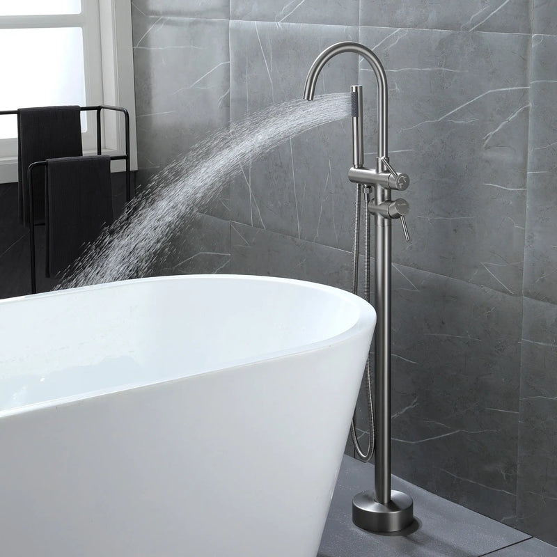 Freestanding Bathtub Faucet with Hand Shower Floor Mount Bath Tub Filler Faucet in Matte Black, Brushed Nickel, Brushed Gold shamanda-freestanding-tub-filler-18006bg 