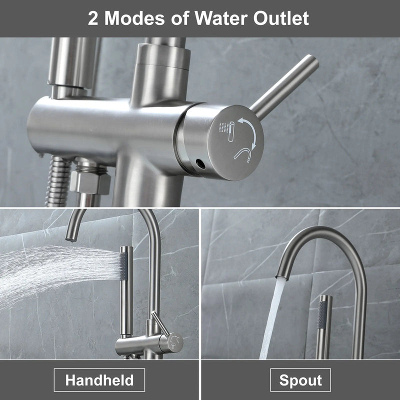 Freestanding Bathtub Faucet with Hand Shower Floor Mount Bath Tub Filler Faucet in Matte Black, Brushed Nickel, Brushed Gold shamanda-freestanding-tub-filler-18006bg 