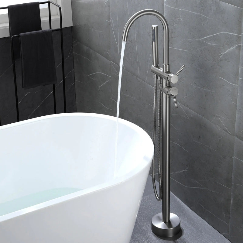 Freestanding Bathtub Faucet with Hand Shower Floor Mount Bath Tub Filler Faucet in Matte Black, Brushed Nickel, Brushed Gold shamanda-freestanding-tub-filler-18006bg 