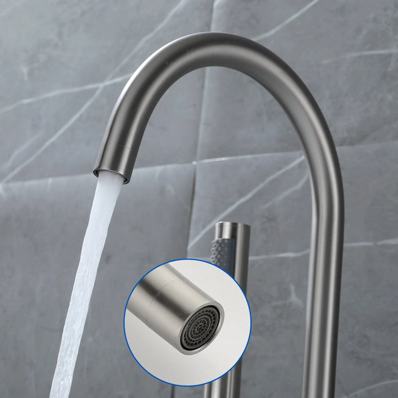 Freestanding Bathtub Faucet with Hand Shower Floor Mount Bath Tub Filler Faucet in Matte Black, Brushed Nickel, Brushed Gold shamanda-freestanding-tub-filler-18006bg 