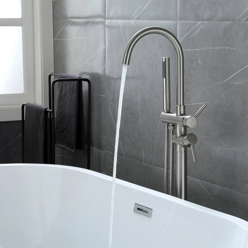 Freestanding Bathtub Faucet with Hand Shower Floor Mount Bath Tub Filler Faucet in Matte Black, Brushed Nickel, Brushed Gold shamanda-freestanding-tub-filler-18006bg Brushed Nickel / Brass / 30 x 12.5 x 3 inches