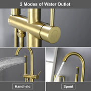 Freestanding Bathtub Faucet with Hand Shower Floor Mount Bath Tub Filler Faucet in Matte Black, Brushed Nickel, Brushed Gold shamanda-freestanding-tub-filler-18006bg 