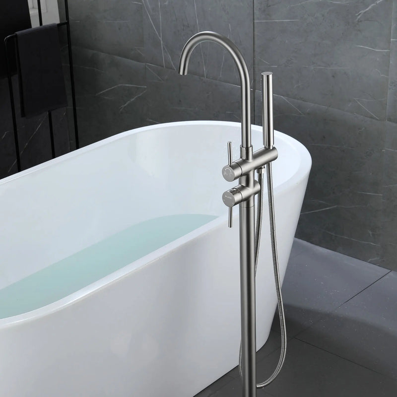 Freestanding Bathtub Faucet with Hand Shower Floor Mount Bath Tub Filler Faucet in Matte Black, Brushed Nickel, Brushed Gold shamanda-freestanding-tub-filler-18006bg 