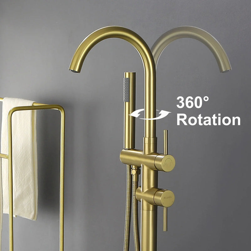 Freestanding Bathtub Faucet with Hand Shower Floor Mount Bath Tub Filler Faucet in Matte Black, Brushed Nickel, Brushed Gold shamanda-freestanding-tub-filler-18006bg 