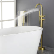 Freestanding Bathtub Faucet with Hand Shower Floor Mount Bath Tub Filler Faucet in Matte Black, Brushed Nickel, Brushed Gold shamanda-freestanding-tub-filler-18006bg 