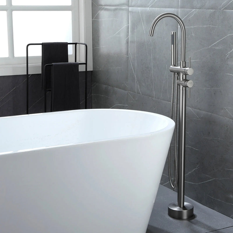 Freestanding Bathtub Faucet with Hand Shower Floor Mount Bath Tub Filler Faucet in Matte Black, Brushed Nickel, Brushed Gold shamanda-freestanding-tub-filler-18006bg 