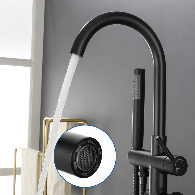 Freestanding Bathtub Faucet with Hand Shower Floor Mount Bath Tub Filler Faucet in Matte Black, Brushed Nickel, Brushed Gold shamanda-freestanding-tub-filler-18006bg 