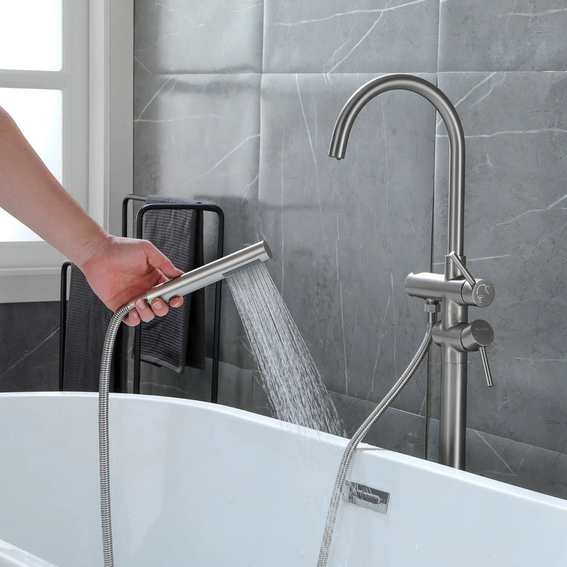 Freestanding Bathtub Faucet with Hand Shower Floor Mount Bath Tub Filler Faucet in Matte Black, Brushed Nickel, Brushed Gold shamanda-freestanding-tub-filler-18006bg 