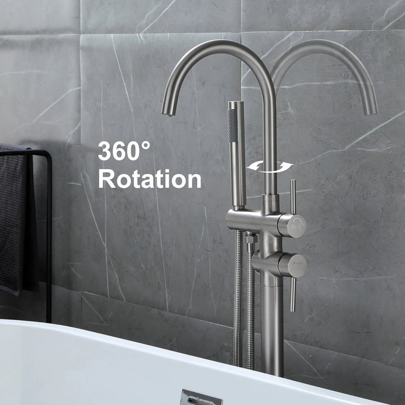 Freestanding Bathtub Faucet with Hand Shower Floor Mount Bath Tub Filler Faucet in Matte Black, Brushed Nickel, Brushed Gold shamanda-freestanding-tub-filler-18006bg 