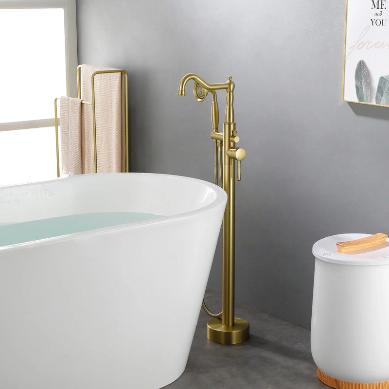 Freestanding Floor Mount Tub Filler with Handheld Shower Roman Bathtub Faucet by Finish, Swivel Spout with Brass Rough-in and Water Hose shamanda-freestanding-tub-filler-with-handheld-shower 