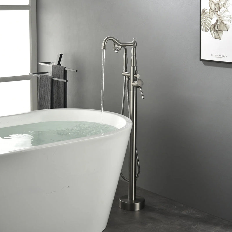 Freestanding Floor Mount Tub Filler with Handheld Shower Roman Bathtub Faucet by Finish, Swivel Spout with Brass Rough-in and Water Hose shamanda-freestanding-tub-filler-with-handheld-shower Brushed Nickel / Brass & SUS304 / 31.5*13.4*3.7inches