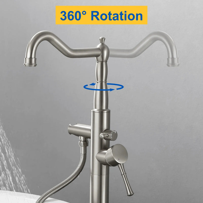 Freestanding Floor Mount Tub Filler with Handheld Shower Roman Bathtub Faucet by Finish, Swivel Spout with Brass Rough-in and Water Hose shamanda-freestanding-tub-filler-with-handheld-shower 