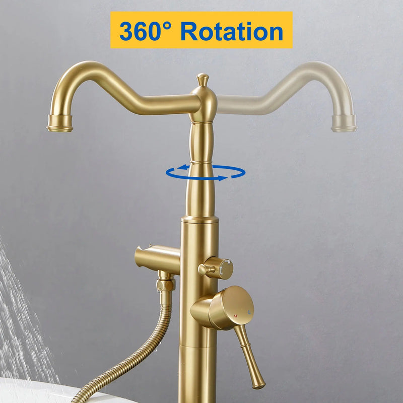 Freestanding Floor Mount Tub Filler with Handheld Shower Roman Bathtub Faucet by Finish, Swivel Spout with Brass Rough-in and Water Hose shamanda-freestanding-tub-filler-with-handheld-shower 
