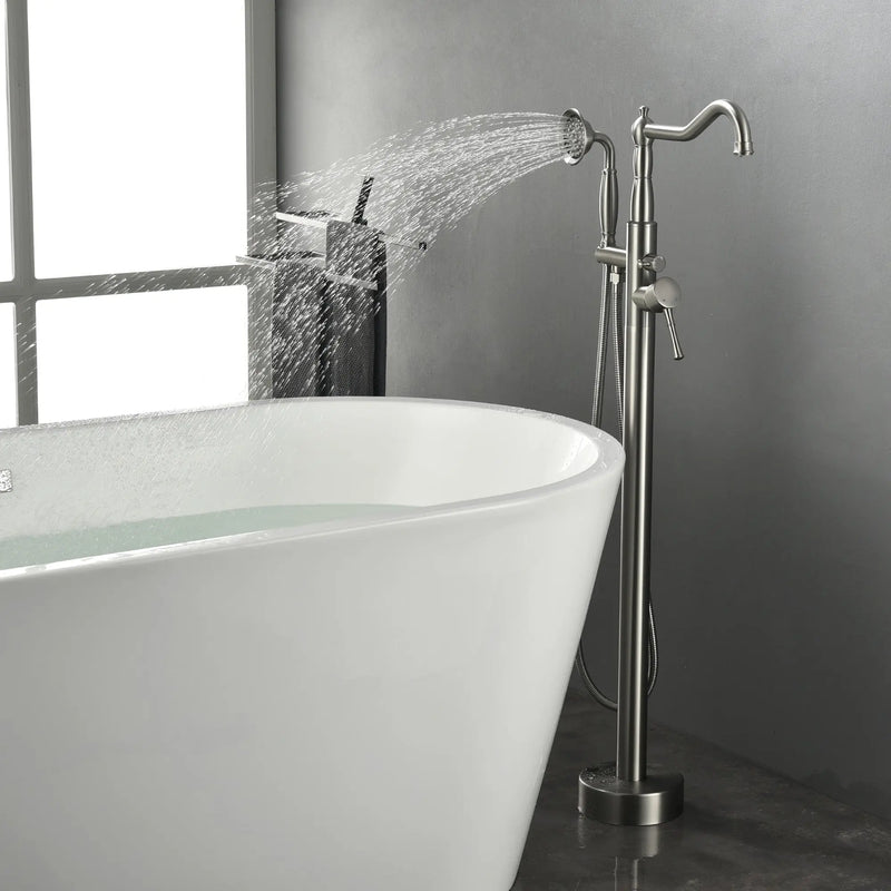 Freestanding Floor Mount Tub Filler with Handheld Shower Roman Bathtub Faucet by Finish, Swivel Spout with Brass Rough-in and Water Hose shamanda-freestanding-tub-filler-with-handheld-shower 