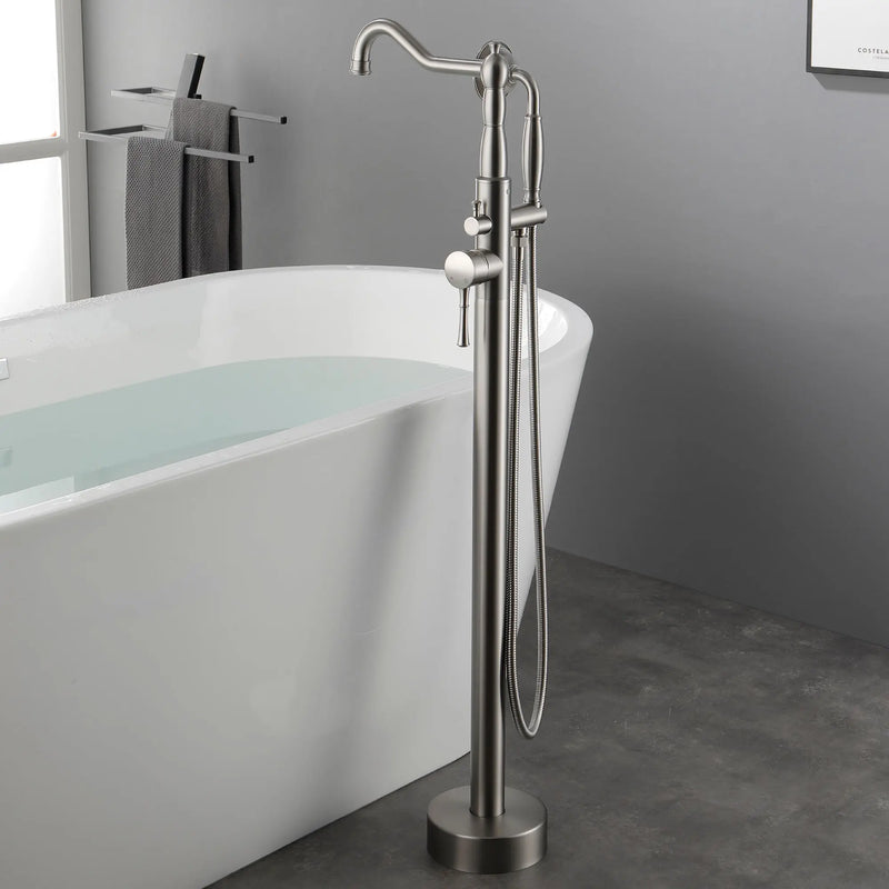 Freestanding Floor Mount Tub Filler with Handheld Shower Roman Bathtub Faucet by Finish, Swivel Spout with Brass Rough-in and Water Hose shamanda-freestanding-tub-filler-with-handheld-shower 