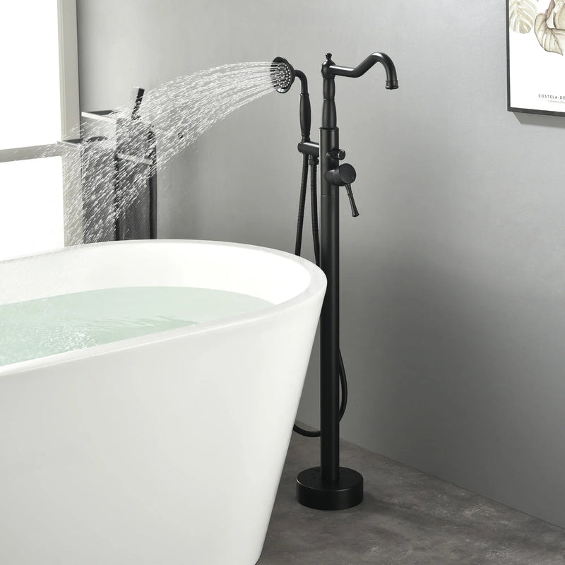 Freestanding Floor Mount Tub Filler with Handheld Shower Roman Bathtub Faucet by Finish, Swivel Spout with Brass Rough-in and Water Hose shamanda-freestanding-tub-filler-with-handheld-shower Matte Black / Brass & SUS304 / 31.5*13.4*3.7inches