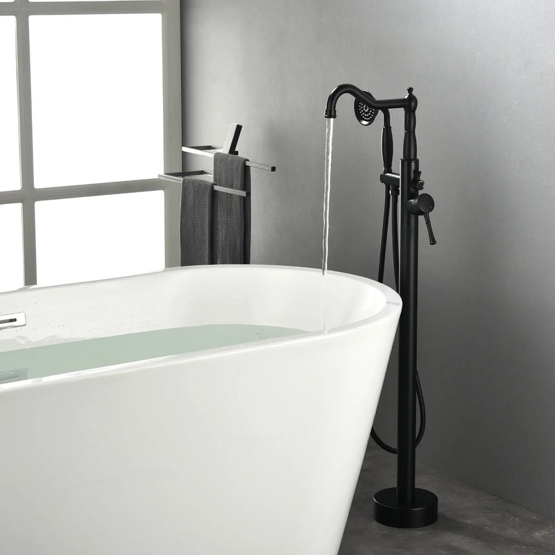 Freestanding Floor Mount Tub Filler with Handheld Shower Roman Bathtub Faucet by Finish, Swivel Spout with Brass Rough-in and Water Hose shamanda-freestanding-tub-filler-with-handheld-shower 