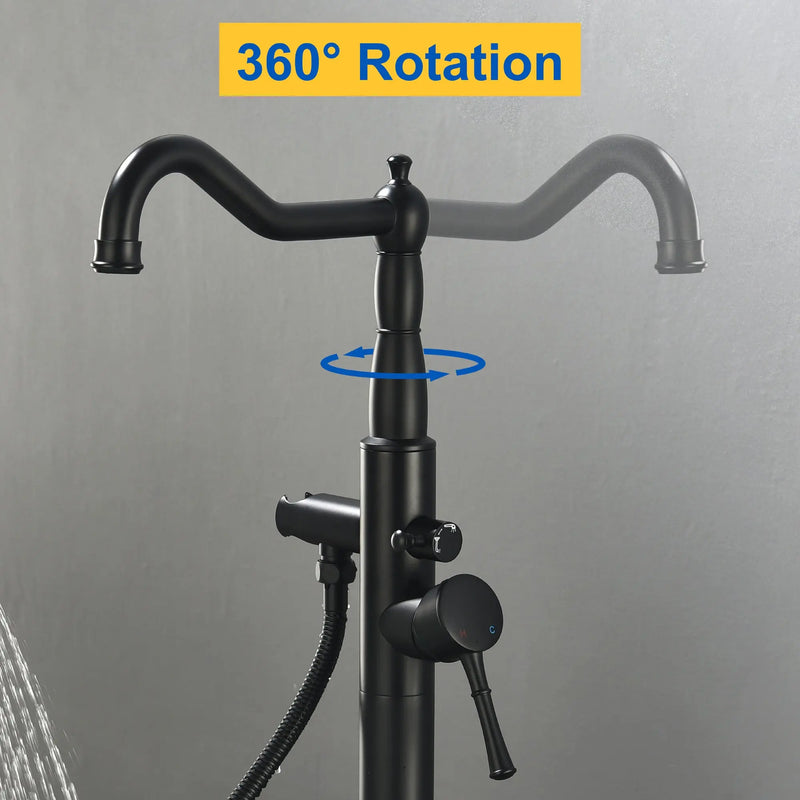 Freestanding Floor Mount Tub Filler with Handheld Shower Roman Bathtub Faucet by Finish, Swivel Spout with Brass Rough-in and Water Hose shamanda-freestanding-tub-filler-with-handheld-shower 