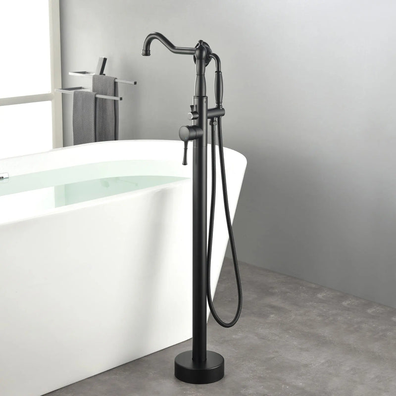 Freestanding Floor Mount Tub Filler with Handheld Shower Roman Bathtub Faucet by Finish, Swivel Spout with Brass Rough-in and Water Hose shamanda-freestanding-tub-filler-with-handheld-shower 
