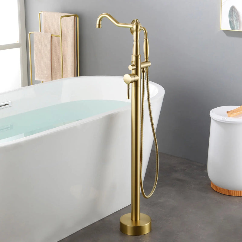 Freestanding Floor Mount Tub Filler with Handheld Shower Roman Bathtub Faucet by Finish, Swivel Spout with Brass Rough-in and Water Hose shamanda-freestanding-tub-filler-with-handheld-shower 