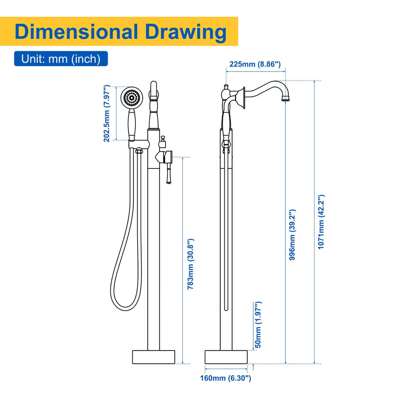 Freestanding Floor Mount Tub Filler with Handheld Shower Roman Bathtub Faucet by Finish, Swivel Spout with Brass Rough-in and Water Hose shamanda-freestanding-tub-filler-with-handheld-shower 