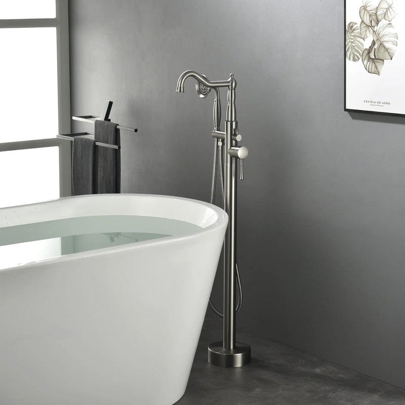 Freestanding Floor Mount Tub Filler with Handheld Shower Roman Bathtub Faucet by Finish, Swivel Spout with Brass Rough-in and Water Hose shamanda-freestanding-tub-filler-with-handheld-shower 