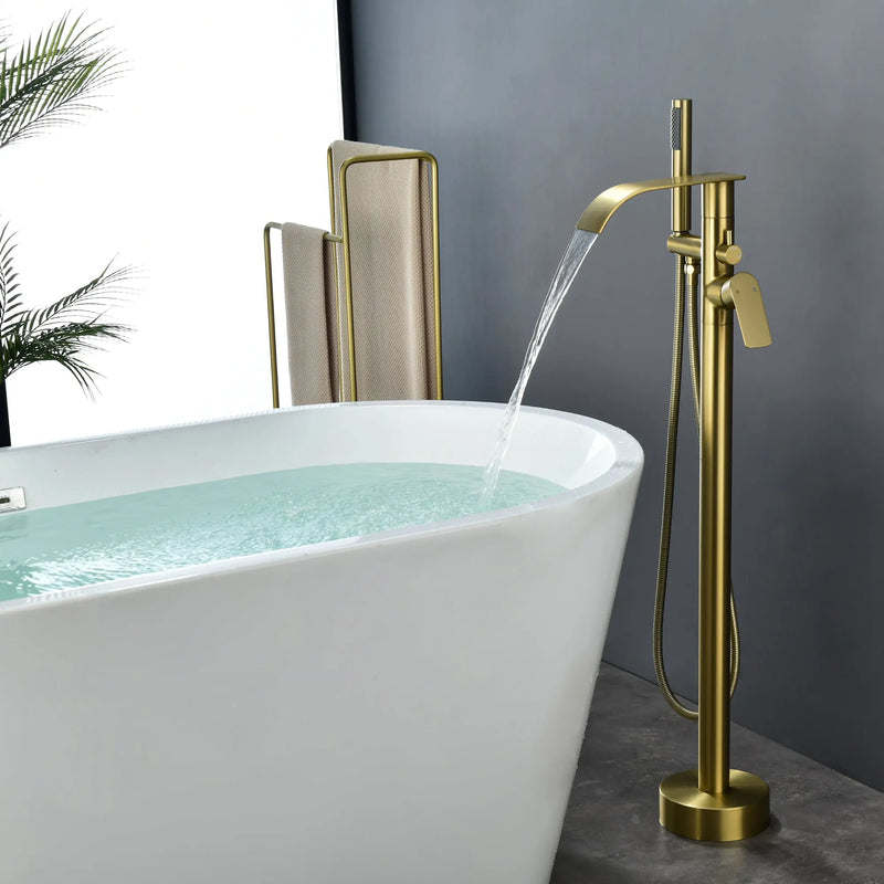 High-flow freestanding tub faucet with hand shower in Brushed Gold | Brushed Nickel | Matte Black high-flow-freestanding-tub-faucet-with-hand-shower-in-brushed-gold-brushed-nickel-matte-black Brushed Gold / Brass & SUS304 / 31.5*13.6*4.1 inches