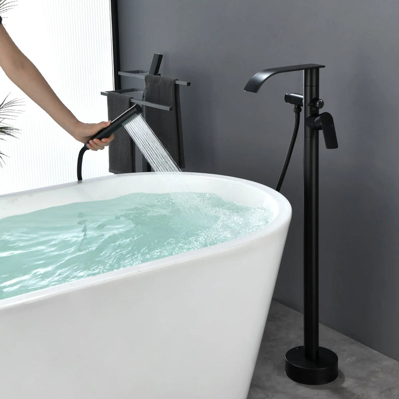 High-flow freestanding tub faucet with hand shower in Brushed Gold | Brushed Nickel | Matte Black high-flow-freestanding-tub-faucet-with-hand-shower-in-brushed-gold-brushed-nickel-matte-black Matte Black / Brass & SUS304 / 31.5*13.6*4.1 inches