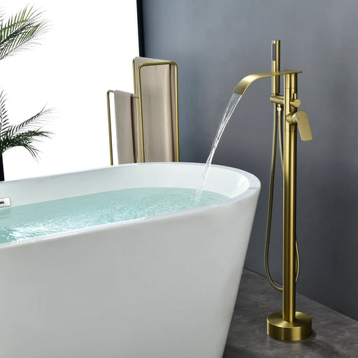 High-flow freestanding tub faucet with hand shower in Brushed Gold | Brushed Nickel | Matte Black high-flow-freestanding-tub-faucet-with-hand-shower-in-brushed-gold-brushed-nickel-matte-black Brushed Gold / Brass & SUS304 / 31.5*13.6*4.1 inches