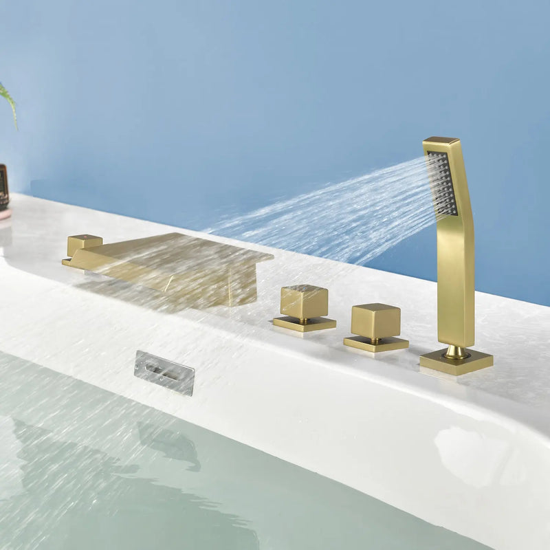 High Flow Roman Tub Faucet 5 Hole Deck Mounted Waterfall Bath Shower Mixer Tap in Matte Black, Brushed Nickel, Brushed Gold 5-hole-deck-mounted-waterfall-bath-shower-mixer-tap-in-matte-black-brushed-nickel-brushed-gold 