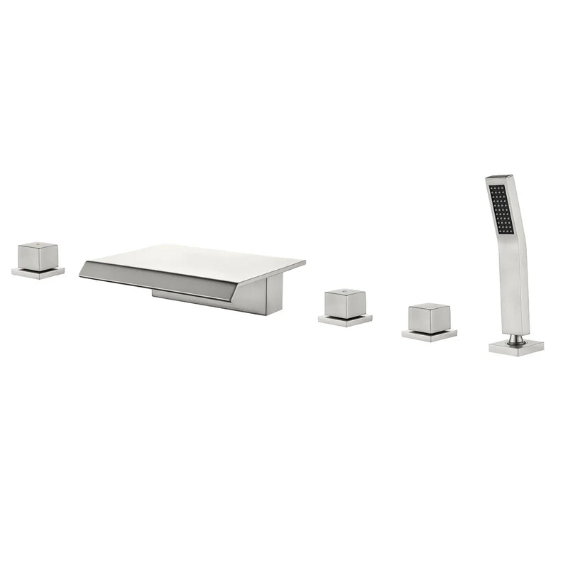 High Flow Roman Tub Faucet 5 Hole Deck Mounted Waterfall Bath Shower Mixer Tap in Matte Black, Brushed Nickel, Brushed Gold 5-hole-deck-mounted-waterfall-bath-shower-mixer-tap-in-matte-black-brushed-nickel-brushed-gold Brushed Nickel / Brass & SUS304 / 17.5*13.4*5.5 inches