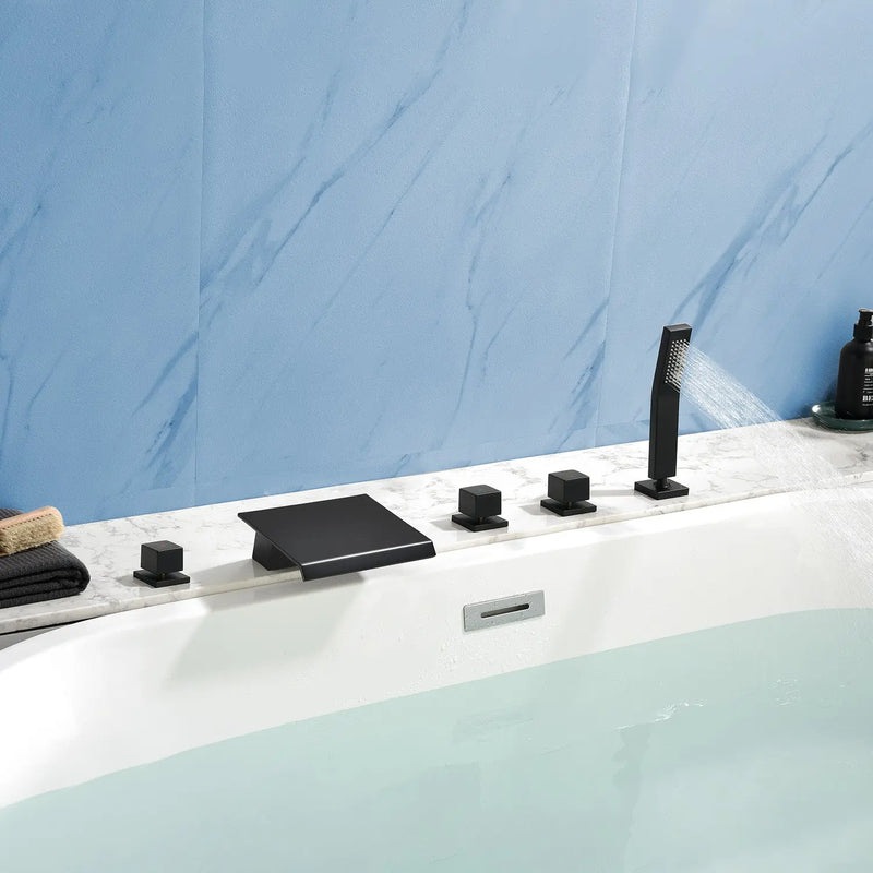 High Flow Roman Tub Faucet 5 Hole Deck Mounted Waterfall Bath Shower Mixer Tap in Matte Black, Brushed Nickel, Brushed Gold 5-hole-deck-mounted-waterfall-bath-shower-mixer-tap-in-matte-black-brushed-nickel-brushed-gold 