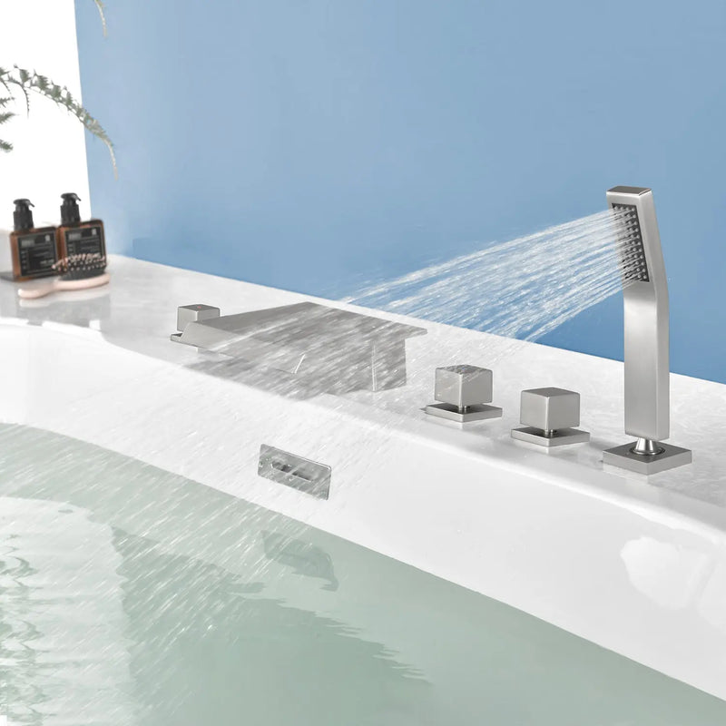 High Flow Roman Tub Faucet 5 Hole Deck Mounted Waterfall Bath Shower Mixer Tap in Matte Black, Brushed Nickel, Brushed Gold 5-hole-deck-mounted-waterfall-bath-shower-mixer-tap-in-matte-black-brushed-nickel-brushed-gold 