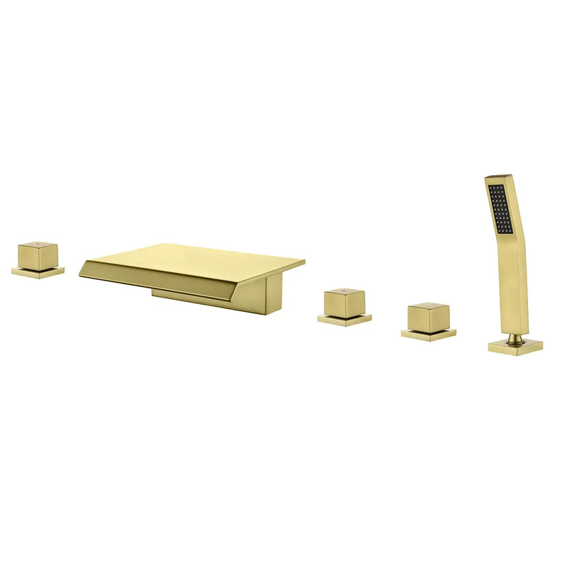 High Flow Roman Tub Faucet 5 Hole Deck Mounted Waterfall Bath Shower Mixer Tap in Matte Black, Brushed Nickel, Brushed Gold 5-hole-deck-mounted-waterfall-bath-shower-mixer-tap-in-matte-black-brushed-nickel-brushed-gold Brushed Gold / Brass & SUS304 / 17.5*13.4*5.5 inches