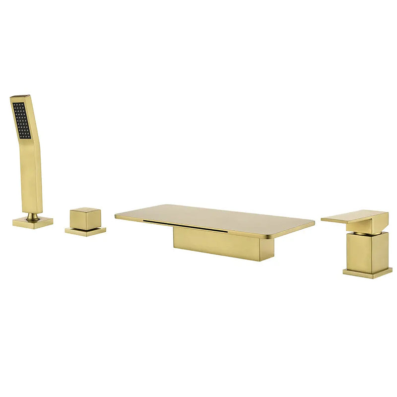 High Flow roman faucet set 4-piece Waterfall Tub Filler with Rough-in Valve and hand shower high-flow-waterfall-roman-faucet-set-with-with-rough-in-valve-and-hand-shower Brushed Gold / Brass & SUS304 / 17.7*12.8*3.5 inches