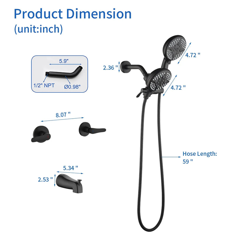High pressure 5-Mode Dual 2 in 1 Wall mounted Shower System Combo with tub spout and cross handle high-pressure-5-mode-dual-2-in-1-wall-mounted-shower-system-combo-with-tub-spout-and-cross-handle 
