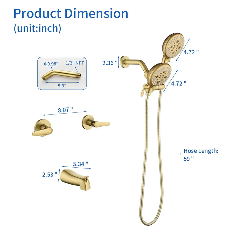 High pressure 5-Mode Dual 2 in 1 Wall mounted Shower System Combo with tub spout and cross handle high-pressure-5-mode-dual-2-in-1-wall-mounted-shower-system-combo-with-tub-spout-and-cross-handle 