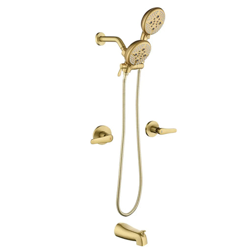 High pressure 5-Mode Dual 2 in 1 Wall mounted Shower System Combo with tub spout and cross handle high-pressure-5-mode-dual-2-in-1-wall-mounted-shower-system-combo-with-tub-spout-and-cross-handle Brushed Gold / Brass & SUS304 & ABS / 17.3*10.1*5.4 inches