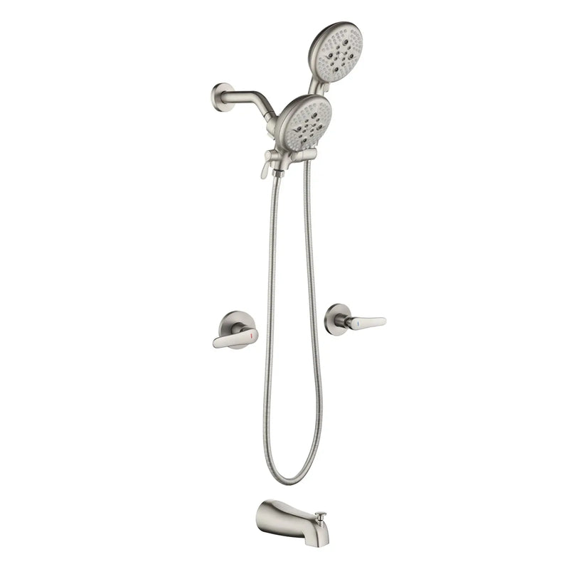 High pressure 5-Mode Dual 2 in 1 Wall mounted Shower System Combo with tub spout and cross handle high-pressure-5-mode-dual-2-in-1-wall-mounted-shower-system-combo-with-tub-spout-and-cross-handle Brushed Nickel / Brass & SUS304 & ABS / 17.3*10.1*5.4 inches