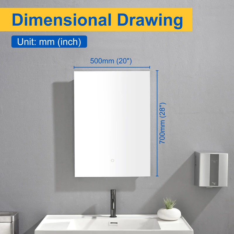 LED Bathroom Mirror 20"*28" Lighted Vanity Makeup Mirror with Front Light, Wall Mounted Dimmable Mirrors with Anti-Fog, Memory Function (Horizontal/Vertical) led500-700 