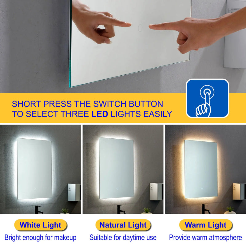 LED Bathroom Mirror 20"*28" Lighted Vanity Makeup Mirror with Front Light, Wall Mounted Dimmable Mirrors with Anti-Fog, Memory Function (Horizontal/Vertical) led500-700 