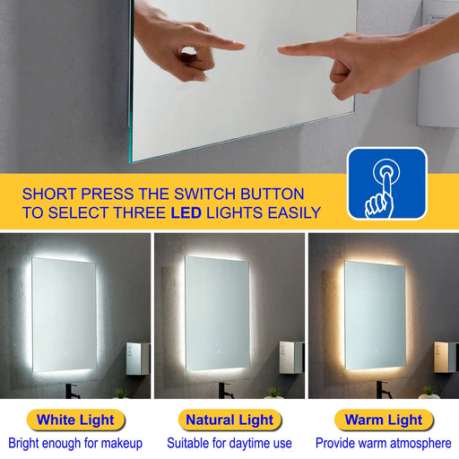 LED Bathroom Mirror 20"*28" Lighted Vanity Makeup Mirror with Front Light, Wall Mounted Dimmable Mirrors with Anti-Fog, Memory Function (Horizontal/Vertical) led500-700 